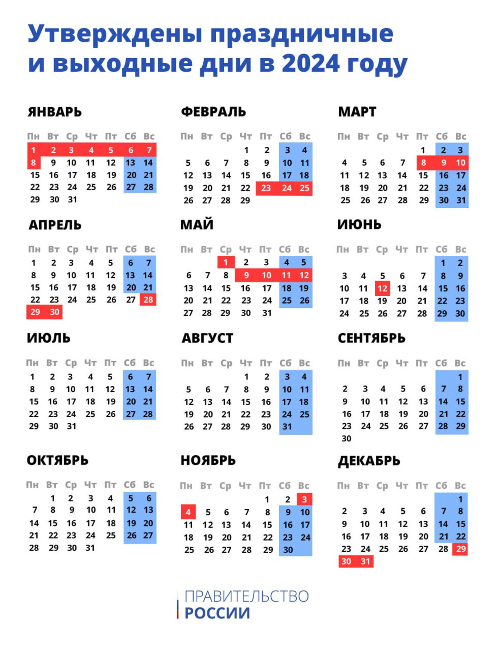 Рәсәйҙә 2024 йылға ял һәм байрам көндәре раҫланды